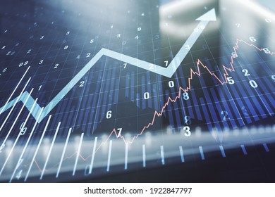 Abstract virtual financial graph and upward arrow hologram on blurry contemporary office building background, financial and trading concept. Multiexposure