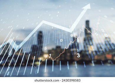 Abstract virtual financial graph and upward arrow hologram on blurry skyscrapers background, financial and trading concept. Multiexposure
