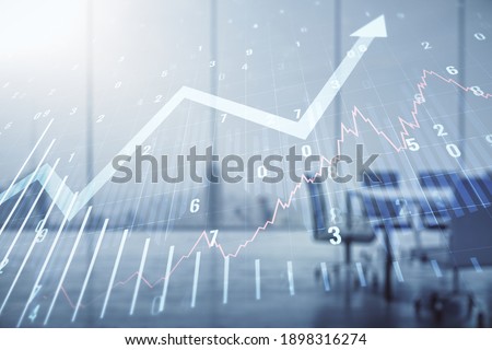 Abstract virtual financial graph and upward arrow hologram on a modern coworking room background, financial and trading concept. Multiexposure