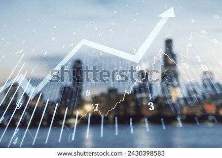 Abstract virtual financial graph and upward arrow hologram on blurry skyscrapers background, financial and trading concept. Multiexposure