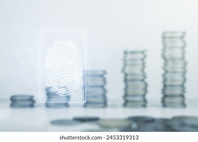 Abstract virtual fingerprint hologram on stacks of coins background. Multiexposure