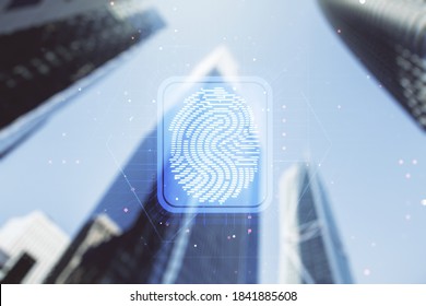 Abstract virtual fingerprint illustration on modern architecture background, personal biometric data concept. Multiexposure