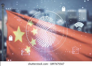 Abstract Virtual Fingerprint Illustration On Chinese Flag And Skyline Background, Personal Biometric Data Concept. Multiexposure