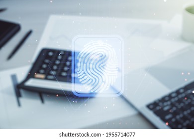 Abstract virtual fingerprint illustration on blurry calculator and computer background, personal biometric data concept. Multiexposure