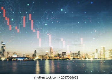 Abstract Virtual Global Crisis Chart And World Map Sketch On Chicago Office Buildings Background, Falling Markets And Collapse Of Global Economy Concept. Double Exposure