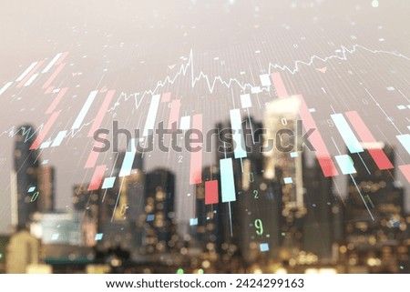 Abstract virtual global crisis chart and world map sketch on blurry office buildings background, falling markets and collapse of global economy concept. Double exposure