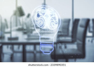 Abstract virtual idea concept with light bulb and human brain illustration on a modern furnished office background. Neural networks and machine learning concept. Multiexposure