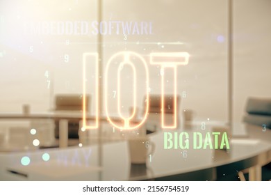 Abstract Virtual IOT Hologram On A Modern Boardroom Background, Internet Of Things Concept. Multiexposure