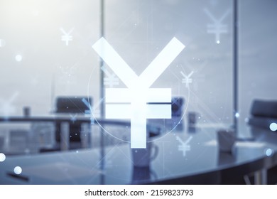 Abstract Virtual Japanese Yen Symbol Sketch On A Modern Boardroom Background, Strategy And Forecast Concept. Multiexposure