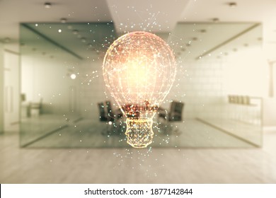 Abstract virtual light bulb hologram on a modern furnished office interior background, idea concept. Multiexposure