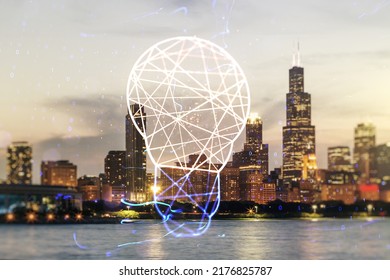 Abstract Virtual Light Bulb Hologram On Chicago Office Buildings Background, Idea Concept. Multiexposure