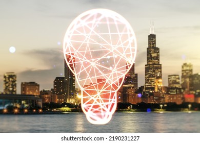 Abstract Virtual Light Bulb Hologram On Chicago Office Buildings Background, Idea Concept. Multiexposure