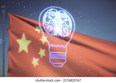 Abstract Virtual Light Bulb Illustration With Human Brain On Chinese Flag And Sunset Sky Background, Future Technology Concept. Multiexposure