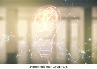 Abstract virtual light bulb illustration with human brain on modern interior background, future technology concept. Multiexposure