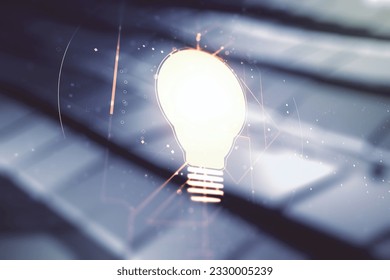 Abstract virtual light bulb illustration on abstract metal background, future technology concept. Multiexposure