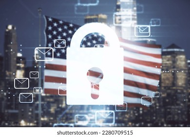 Abstract virtual lock sketch with email symbols hologram on US flag and city background, protection of personal data concept. Multiexposure