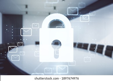 Abstract virtual lock symbol and postal envelopes illustration on a modern conference room background. Protection and firewall concept. Multiexposure - Powered by Shutterstock