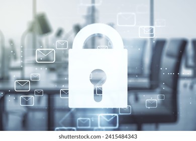 Abstract virtual lock symbol and postal envelopes illustration on a modern furnished office background. Protection and firewall concept. Multiexposure