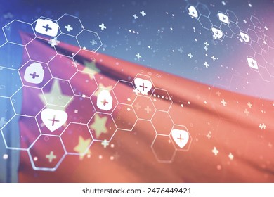 Abstract virtual medical sketch on Chinese flag and sunset sky background. Medicine and healthcare concept. Multiexposure - Powered by Shutterstock