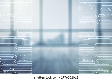 Abstract Virtual Micro Chip Hologram On Empty Classroom Background, Artificial Intelligence And Machine Learning Concept. Multi Exposure