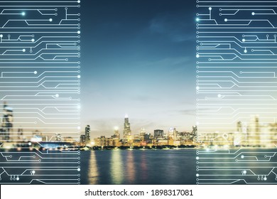 Abstract Virtual Micro Chip Hologram On Chicago Cityscape Background, Artificial Intelligence And Machine Learning Concept. Multi Exposure