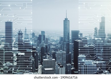 Abstract Virtual Micro Chip Hologram On Chicago Cityscape Background, Artificial Intelligence And Machine Learning Concept. Multi Exposure