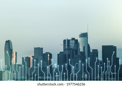 Abstract Virtual Micro Chip Hologram On Los Angeles Cityscape Background, Artificial Intelligence And Machine Learning Concept. Multi Exposure