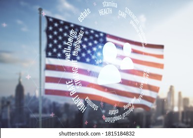 Abstract virtual people icons hologram on US flag and skyline background, life and health insurance concept. Multi exposure
