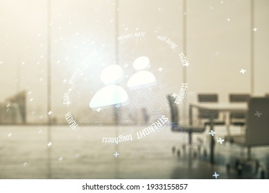 Abstract Virtual People Icons Sketch On A Modern Boardroom Background, Life And Real Estate Insurance Online Concept. Double Exposure