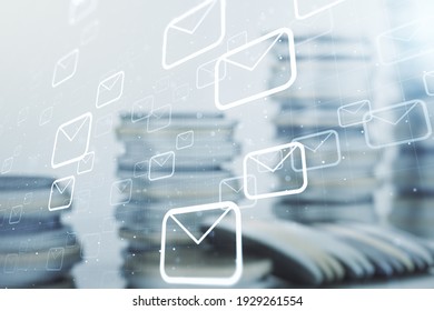 Abstract Virtual Postal Envelopes Hologram On Coins Background, Email And Notification Concept. Multiexposure