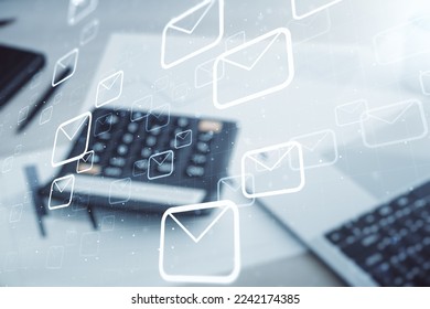 Abstract virtual postal envelopes hologram on blurry calculator and computer background, email and notification concept. Multiexposure - Powered by Shutterstock - Get 15% off with code: PIKWIZARD15