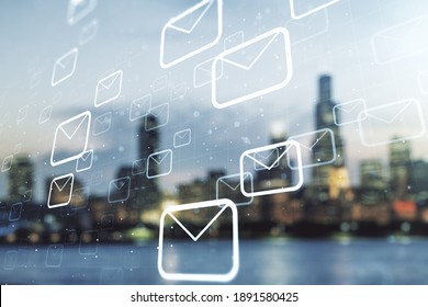 Abstract Virtual Postal Envelopes Illustration On Blurry Skyline Background. Email And Communications Concept. Multiexposure