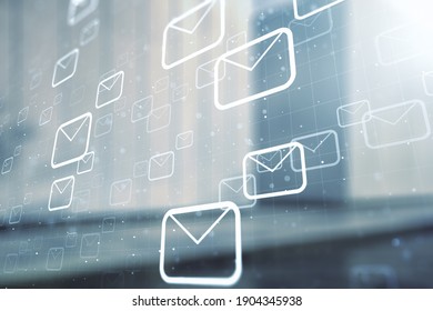 Abstract Virtual Postal Envelopes Illustration On Blurry Modern Office Building Background. Email And Communications Concept. Multiexposure