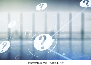 Abstract virtual question mark illustration on empty corporate office background. FAQ and search concept. Multiexposure