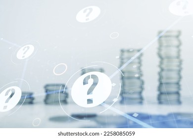 Abstract virtual question mark illustration on stacks of coins background. FAQ and search concept. Multiexposure