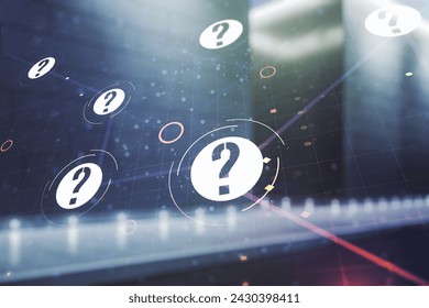 Abstract virtual question mark illustration on blurry modern office building background. FAQ and search concept. Multiexposure