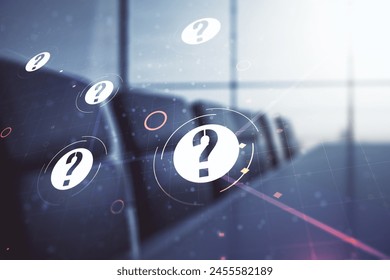 Abstract virtual question mark illustration on a modern conference room background. FAQ and search concept. Multiexposure
