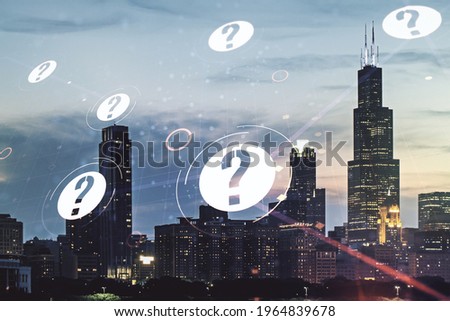 Abstract virtual question mark illustration on Chicago skyline background. FAQ and search concept. Multiexposure