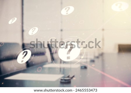 Abstract virtual question mark sketch on a modern boardroom background, FAQ and research concept. Double exposure