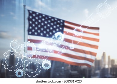 Abstract Virtual Robotics Technology Hologram On USA Flag And Blurry Skyscrapers Background, Artificial Intelligence And Machine Learning Concept. Multi Exposure