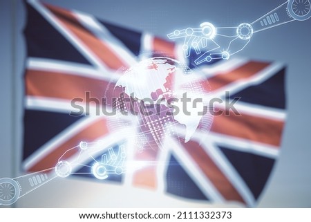 Abstract virtual robotics technology hologram with globe sketch on flag of Great Britain and sunset sky background. Robot development and automation concept. Multiexposure