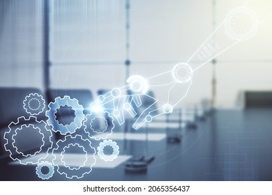 Abstract Virtual Robotics Technology Sketch On A Modern Boardroom Background, Future Technology And AI Concept. Double Exposure