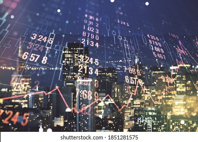 Abstract virtual stats data hologram on San Francisco skyline background. Multiexposure