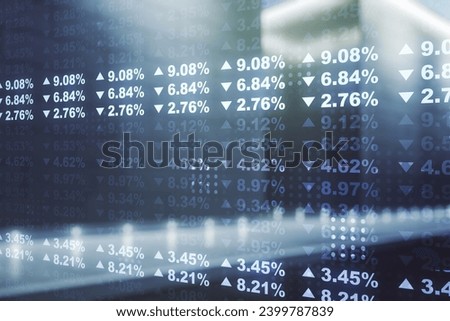 Abstract virtual stats data hologram on blurry modern office building background. Multiexposure
