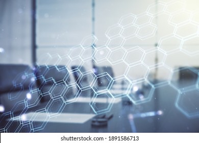 Abstract Virtual Technology Sketch With Hexagon Grid On A Modern Boardroom Background, Future Technology And AI Concept. Double Exposure