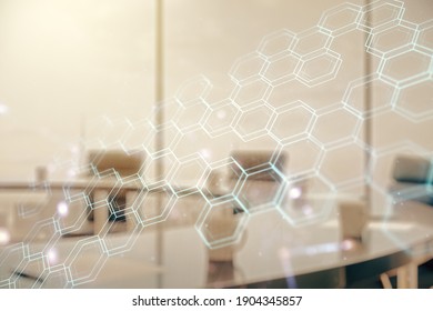 Abstract Virtual Technology Sketch With Hexagon Grid On A Modern Boardroom Background, Future Technology And AI Concept. Double Exposure