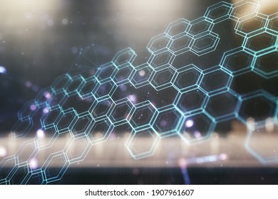 Abstract virtual technology sketch with hexagon grid on contemporary business center exterior background, future technology and AI concept. Double exposure