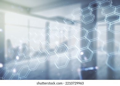 Abstract virtual technology sketch with hexagon grid on empty classroom background, future technology and AI concept. Double exposure