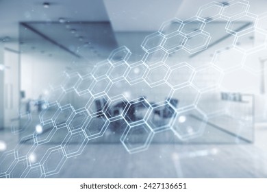 Abstract virtual technology sketch with hexagon grid on a modern furnished office interior background, future technology and AI concept. Double exposure