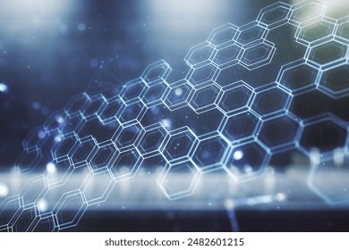 Abstract virtual technology sketch with hexagon grid on contemporary business center exterior background, future technology and AI concept. Double exposure - Powered by Shutterstock - Get 15% off with code: PIKWIZARD15
